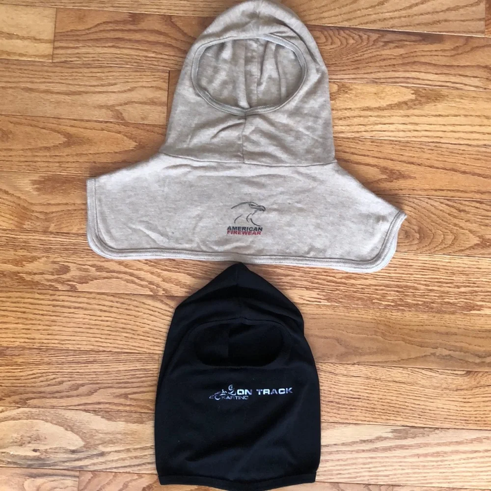 3 winter head covers/masks. One tan and 2 black.